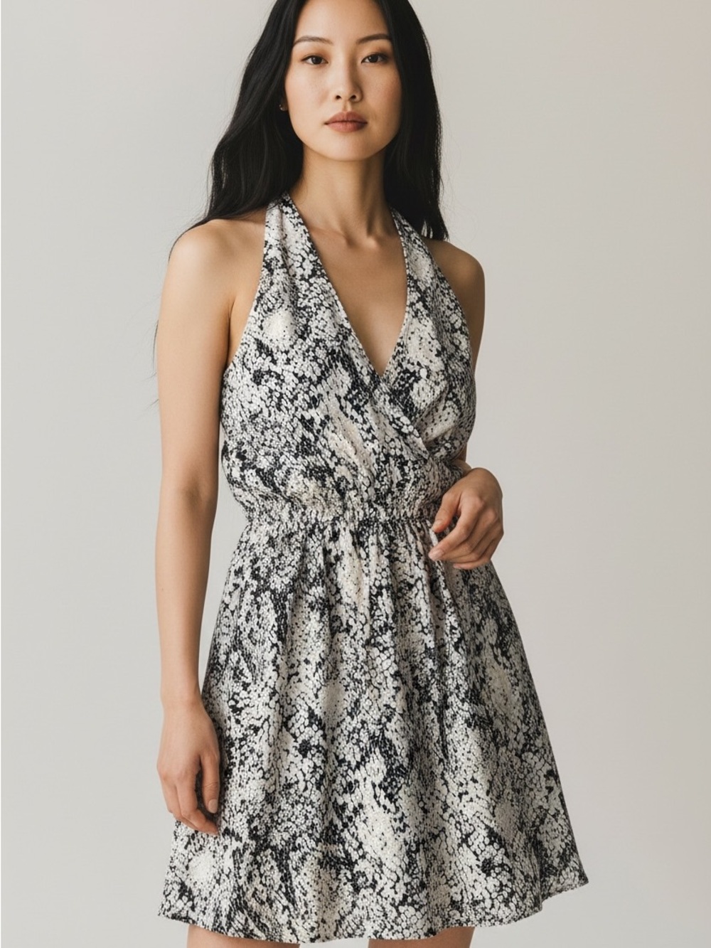 Lovestitch Black and White Snakeskin Snake Print Halter Faux Wrap Dress Sz M